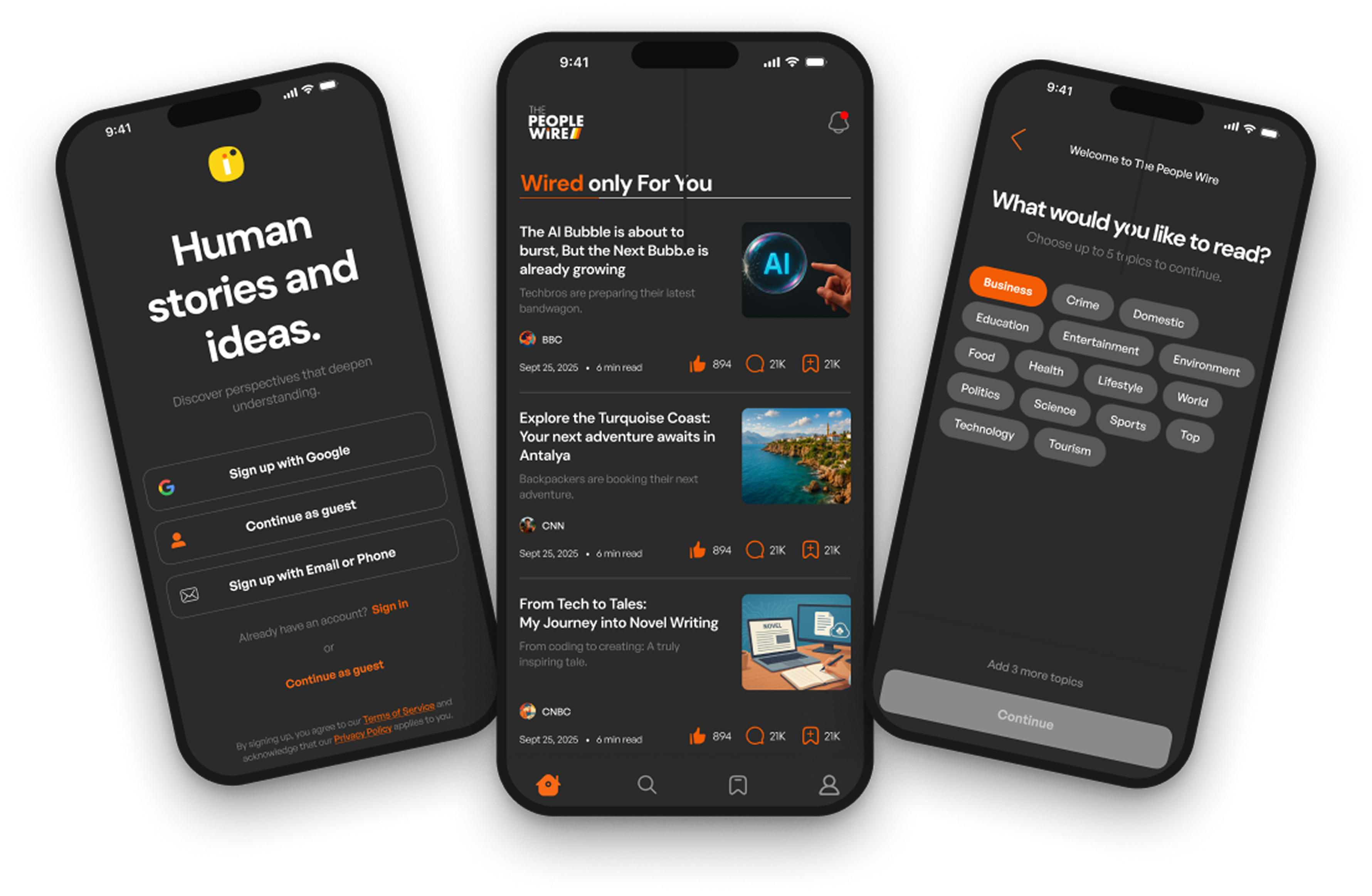 People Wire on three phones: onboarding, feed, and topics
